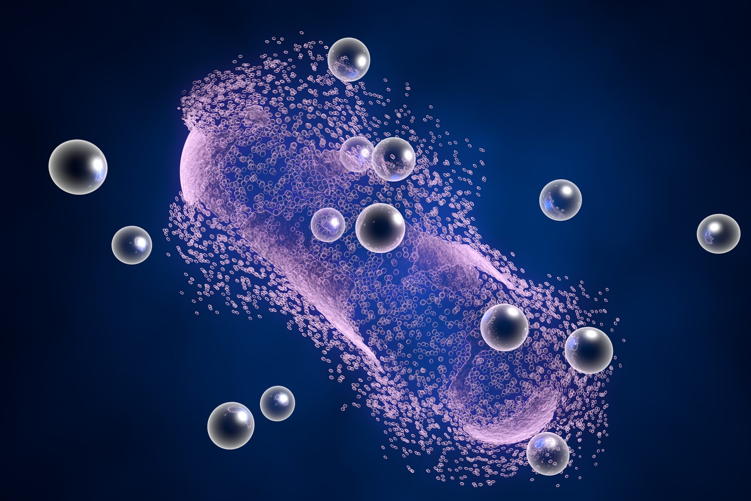 destruction of a bacterium by silver nanoparticles. an illustration can be also used to demonstrate action of any antibiotic substance or drug
